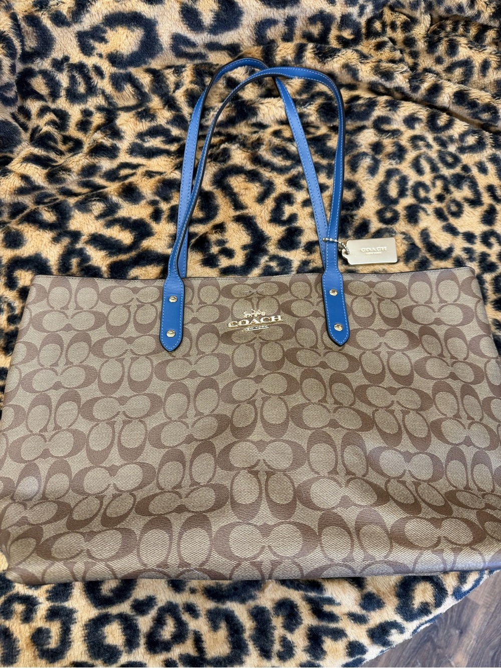 Coach Brown Signature Tote with Blue Straps